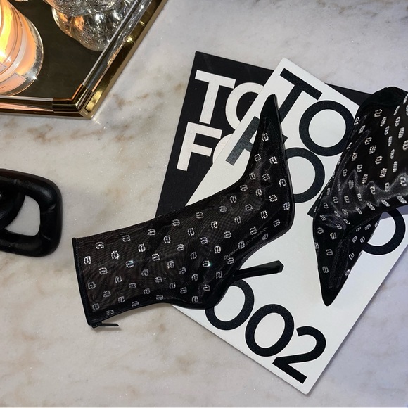 Alexander Wang Shoes - Alexander Wang Delphine 105 Rhinestone Embellished Logo Mesh Ankle Boot in Black